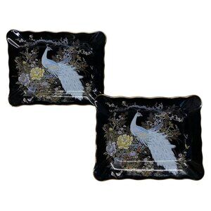 Vintage Colibri Japan Peacock Trinket Dish Set 2pc Floral Gold Trim Candy Tray